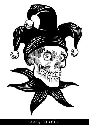 Teschio di Jester in cappello. Illustrazione in bianco e nero disegnata a mano Foto Stock