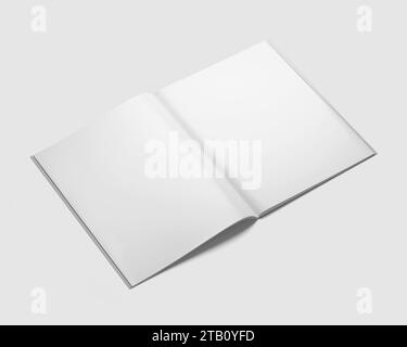 Rivista aperta, libro, opuscolo, brochure, modello di copertina vuoto, realistico, 3d con rendering isolato su sfondo chiaro. Foto Stock