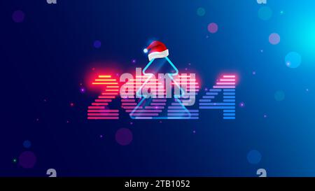 2024 capodanno. Albero di Natale con numero digitale anno in luce al neon. Banner celebrativo in stile informatico cyberpunk. Festa di Natale Illustrazione Vettoriale