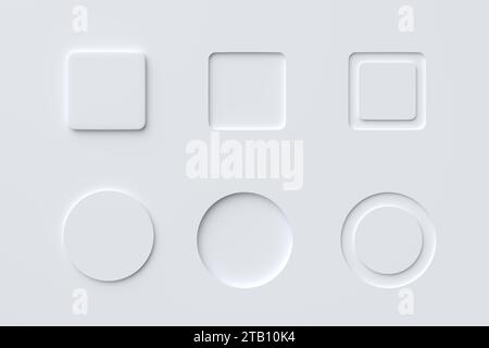Set di design per neumorfismo con bottoni pneumatici. Elementi di design semplici e alla moda componenti dell'interfaccia utente su sfondo bianco. Rendering 3D. Foto Stock