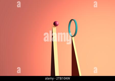 Equilibrio, scelta, decisione e raggiungimento. Una sfera e un cerchio bilanciati sopra le forme geometriche triangolari. Rendering 3D astratto. Foto Stock