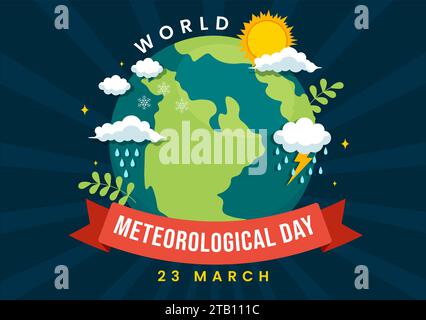 World Meteorological Day Vector Illustration il 23 marzo con Earth Map, Meteorology Science and Researching Weather in Flat Cartoon background Illustrazione Vettoriale
