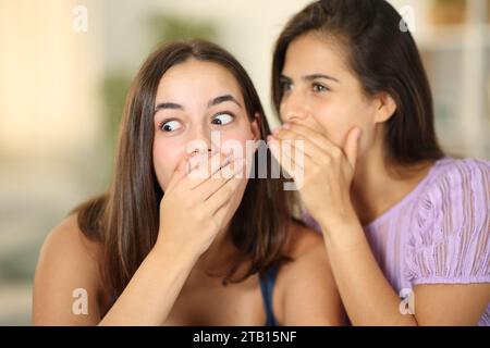Gossip Woman che dice segreto all'orecchio ad un amico a casa Foto Stock