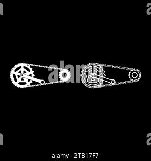 Catena bicicletta maglia motocicletta con basamento a due elementi ruota dentata lunghezza manovella con ingranaggio per sistema di cassette bici icona bianca Illustrazione Vettoriale