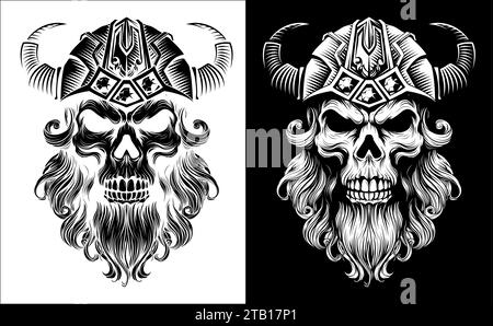 Viking Warrior Skull Man Mascot Face in casco Illustrazione Vettoriale