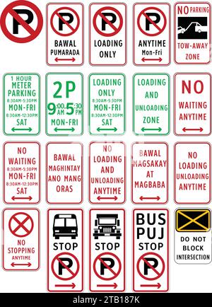 Segnali di parcheggio, segnali stradali nelle Filippine, segnali normativi indicano l'applicazione di requisiti legali o legali. Illustrazione Vettoriale