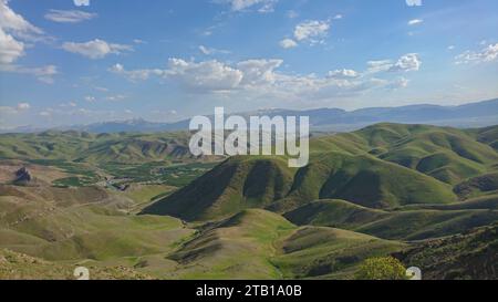 Mandria di pecore che pascolano sui prati verdi con le montagne. Un gregge di pecore nelle alture dell'altopiano iraniano. Lorestan. Durood Foto Stock