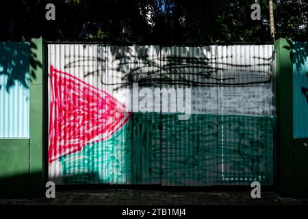 Maldive. 4 dicembre 2023. Una bandiera palestinese è dipinta sulla strada di Malé. Vita quotidiana a Malé, Maldive, la capitale dell'isola nazione nell'Oceano Indiano, la cui economia dipende fortemente dal turismo. La popolazione del paese comprende molti cittadini stranieri che lavorano da nazioni di tutto il mondo, tra cui Filippine, Myanmar, Sri Lanka e India, e la sua popolazione è prevalentemente musulmana. Crediti: Matt Hunt/Neato/Alamy Live News Foto Stock