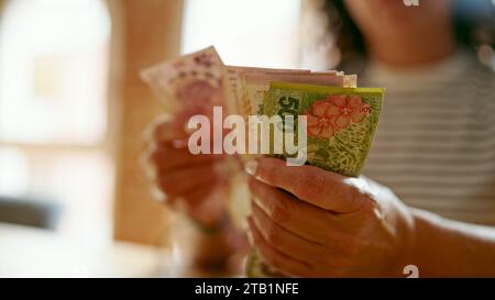 Donna ispanica di mezza età che conta in argentina banconote da 100 e 500 pesos a casa Foto Stock