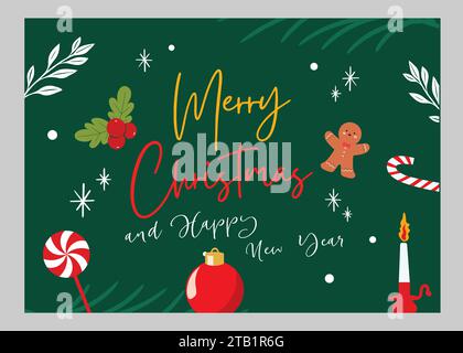 Biglietto di auguri. Buon Natale e felice anno nuovo, compagni di buon Natale, Natale e Capodanno tipografico su sfondo natalizio lucido Illustrazione Vettoriale