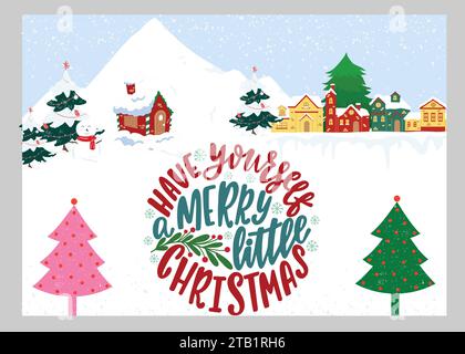 Biglietto di auguri. Buon Natale e felice anno nuovo, compagni di buon Natale, Natale e Capodanno tipografico su sfondo natalizio lucido Illustrazione Vettoriale