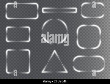 Collezione di futuristiche cornici per luci hud. Background tecnologico. Cornici in vetro chiaro quadrate, ovali, rettangolari, triangolari, circolari. Illustrazione vettoriale. EPS 10. Illustrazione Vettoriale