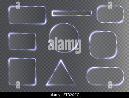 Collezione di futuristiche cornici per luci hud. Background tecnologico. Cornici in vetro chiaro quadrate, ovali, rettangolari, triangolari, circolari. Illustrazione vettoriale. EPS 10. Illustrazione Vettoriale