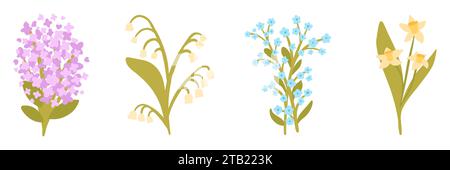 Collezione di fiori. Set di diverse illustrazioni di fiori primaverili in colori pastello. Illustrazione vettoriale. Illustrazione Vettoriale