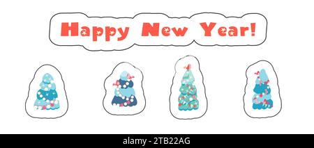 Adesivi, Capodanno e alberi di Natale. Per la stampa e il design, cartone animato. Decorazioni natalizie. Non IA, disegnato a mano Illustrazione Vettoriale
