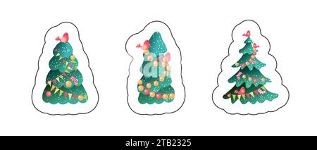 Adesivi alberi di Natale per stampa e design, cartoni animati. Decorazioni natalizie. Disegnato a mano Illustrazione Vettoriale