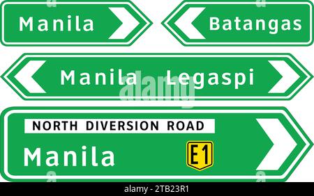 Segnali di direzione di intersezione, segnali stradali nelle Filippine, segnali normativi indicano l'applicazione di requisiti legali o legali. Illustrazione Vettoriale