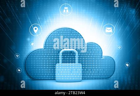 Sistemi di sicurezza cloud. cloud con lucchetto chiuso sullo sfondo della tecnologia. illustrazione 3d. Foto Stock