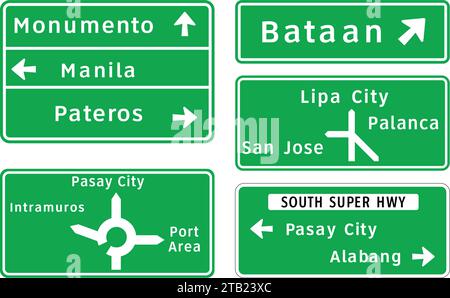 Segnali di direzione avanzati, segnali stradali nelle Filippine, segnali normativi indicano l'applicazione di requisiti legali o legali. Illustrazione Vettoriale
