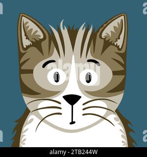 Gatto Tabby in un carino stile cartoni animati. Ritratto di un gattino Tabby. Pelliccia a righe e whisker lunghi. Adorabile ritratto di gatto in uno stile semplice e moderno. Foto Stock