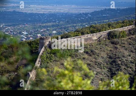 Il muro di Sighnaghi e una vista della valle nella città di Sighnaghi nella regione di Kaheti in Georgia. Foto Stock