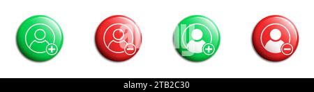 Aggiungere e rimuovere le icone utente. Icone persona con simboli più e meno. Illustrazione vettoriale Illustrazione Vettoriale