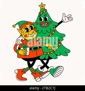 Cartoni animati retrò Christmas Tree and Elf. Divertente albero di Natale degli anni '70 e personaggi degli Elfi che camminano a braccetto. Illustrazione Vettoriale