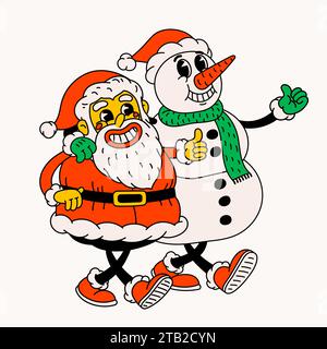 Cartoni animati retrò Claus e pupazzo di neve di Natale Groovy vintage anni '70 divertenti Babbo Natale e personaggi pupazzi di neve che camminano a braccetto Illustrazione Vettoriale