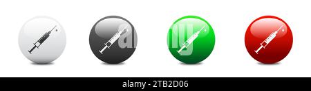 Siringa con goccia su un pulsante rotondo lucido e un'ombra sotto di essa. Illustrazione del vettore piatto Illustrazione Vettoriale