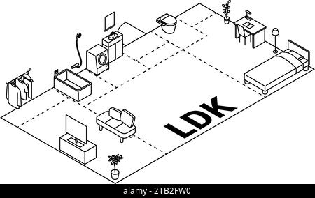 Immagine della planimetria mobile, 2LDK, illustrazione isometrica con disegni lineari semplici, illustrazione vettoriale Illustrazione Vettoriale