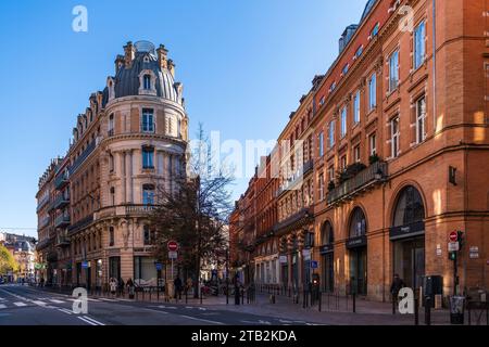 Facciate tipiche di rue de Metz a Tolosa in alta Garonna, Occitanie, Francia Foto Stock