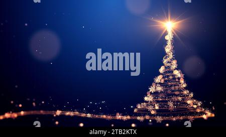 Animazione dorata dell'albero di Natale con particelle che illuminano stelle e fiocchi di neve sul blu. Concetto e contesto delle vacanze Foto Stock