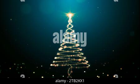 Animazioni dorate dell'albero di Natale con particelle che illuminano stelle e fiocchi di neve sul verde. Concetto e contesto delle vacanze Foto Stock