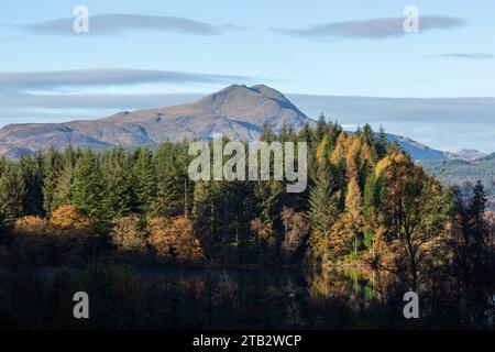 Ben Lomond, uno dei Munros scozzesi più popolari visto da Loch Ard nel Parco Nazionale Trossachs Foto Stock