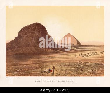 Illustrazione a colori della piramide piegata di Sneferu a Dashur, in Egitto, dal libro: "Sinai e Gerusalemme; o, scene dalle terre della Bibbia". da . F. W. Holland: 1870 , pubblicato da: Society for Promoting Christian Knowledge. Foto Stock