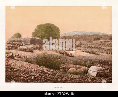 Illustrazione a colori di Shiloh - un'antica città e santuario in Samaria, era uno dei principali centri di culto israelita durante il periodo pre-monarchico, prima che fosse costruito il primo Tempio di Gerusalemme - dal libro: "Sinai e Gerusalemme; o scene di terre della Bibbia". da . F. W. Holland: 1870 , pubblicato da: Society for Promoting Christian Knowledge. Foto Stock
