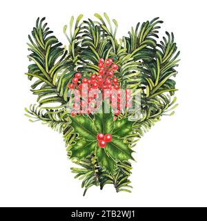 Acquerello bouquet rosso e verde natalizio di rami di abete natalizio, holly per gli inviti, biglietti, adesivi, etichette, poster, cornici e striscioni, vinci Foto Stock