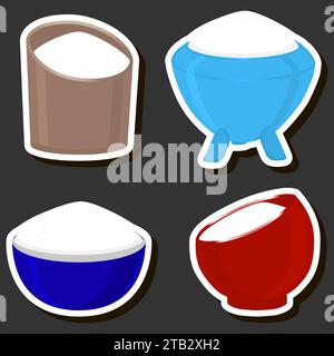 Illustrazione sul tema gustoso zucchero dolce per il menu del ristorante, prodotto alimentare bianco costituito da piccoli grani di zucchero di sabbia da aggiungere a piatti diversi Illustrazione Vettoriale