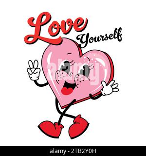Love Yourself - illustrazione di buon San Valentino con simboli dentali. Divertente biglietto d'auguri d'amore retrò con personaggio molare dei cartoni animati vintage in groovy Illustrazione Vettoriale