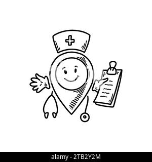 Carino linea doodle ospedale posizione pin emoji. Punto preciso dello schizzo a mano libera. Emoticon fumetto indirizzo mappa. Personaggio divertente e sorridente Illustrazione Vettoriale