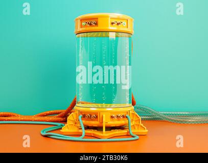 Una macchina criogenica per provette criogeniche da laboratorio futuristico dai colori brillanti riempita di liquido e bolle con cavi collegati e tubi in gomma - Foto Stock