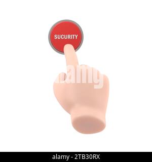 Pulsante Security (sicurezza). Mano che preme il pulsante rosso. Premere il dito. illustrazione 3d disegno piatto. Inizio azione, concetto. SOS icon.rendering 3D su sfondo bianco Foto Stock