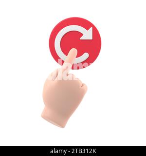 Concetto di riavvio. Riavvio della tecnologia. Mano per premere il grande pulsante rosso. Illustrazione 3d disegno piatto.rendering 3D su sfondo bianco. Foto Stock