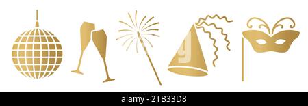 Elementi per festeggiare il Capodanno d'oro: Ballo da discoteca, bicchieri da champagne, cappello da festa e maschera di carnevale, scintillanti, illustrazione vettoriale, illustrazione vettoriale Illustrazione Vettoriale