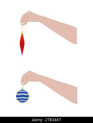 Immagine di mani ravvicinate che tengono in mano ornamenti di palline di Natale isolate su bianco Illustrazione Vettoriale