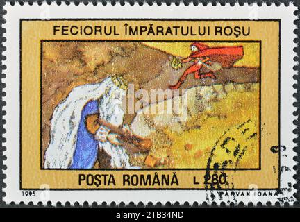 Francobollo cancellato stampato dalla Romania, che mostra il figlio dell'imperatore rosso, Fairy Tales, circa 1995. Foto Stock