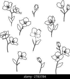 Set di doodle con elementi decorativi. Rami, fiori semplici. Illustrazione vettoriale disegnata a mano isolata su sfondo bianco. gelsomino, ciliegia, mela, pera Illustrazione Vettoriale