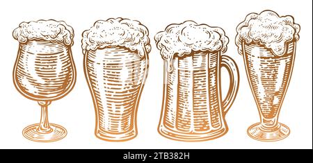 Set di bicchieri da birra e tazze disegnate a mano in stile vintage. Illustrazione del vettore di schizzo Illustrazione Vettoriale