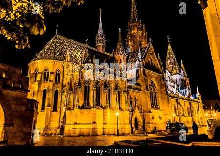 La vista sul Bastione dei pescatori di Budapest verso la chiesa di Mattia di notte durante l'estate Foto Stock