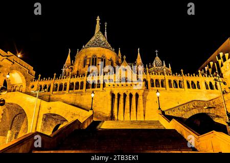 Guardando verso il Bastione dei pescatori di Budapest di notte durante l'estate Foto Stock